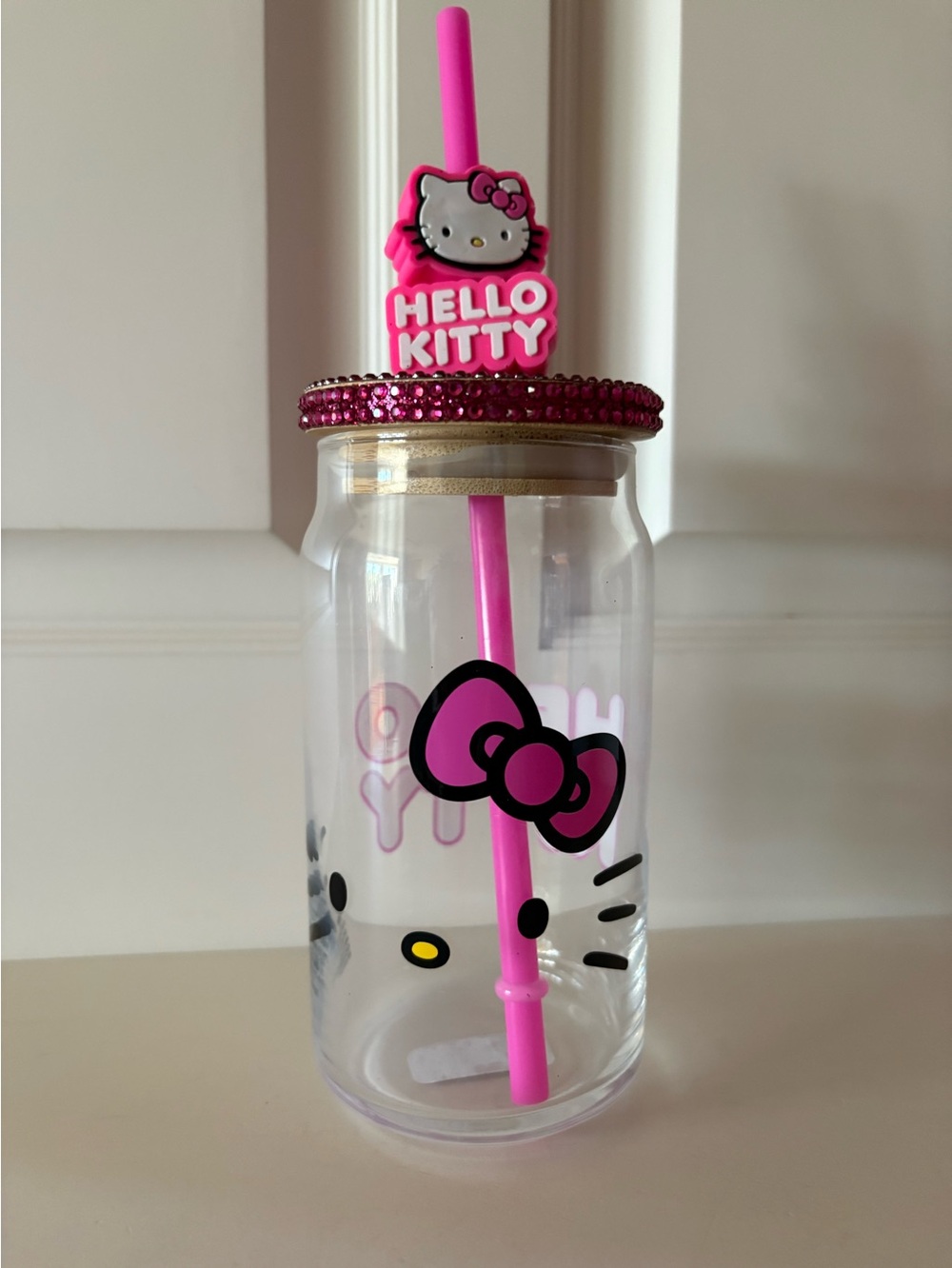 NWT Hello Kitty Glass Tumbler with Straw and Rhinestone-studded Lid